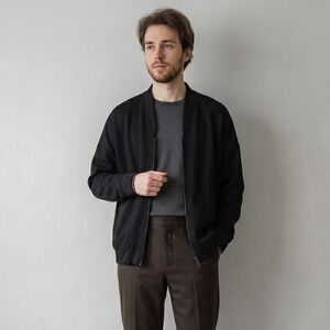 COS Mens Jacket Large Black Textured Zip Up Cardigan Minimalist Scandi Bomber